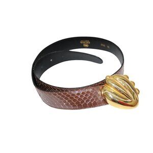 Vintage ESCADA ITALIAN Brown Snakeskin Leather Belt with Bold Gold Leaf Buckle S